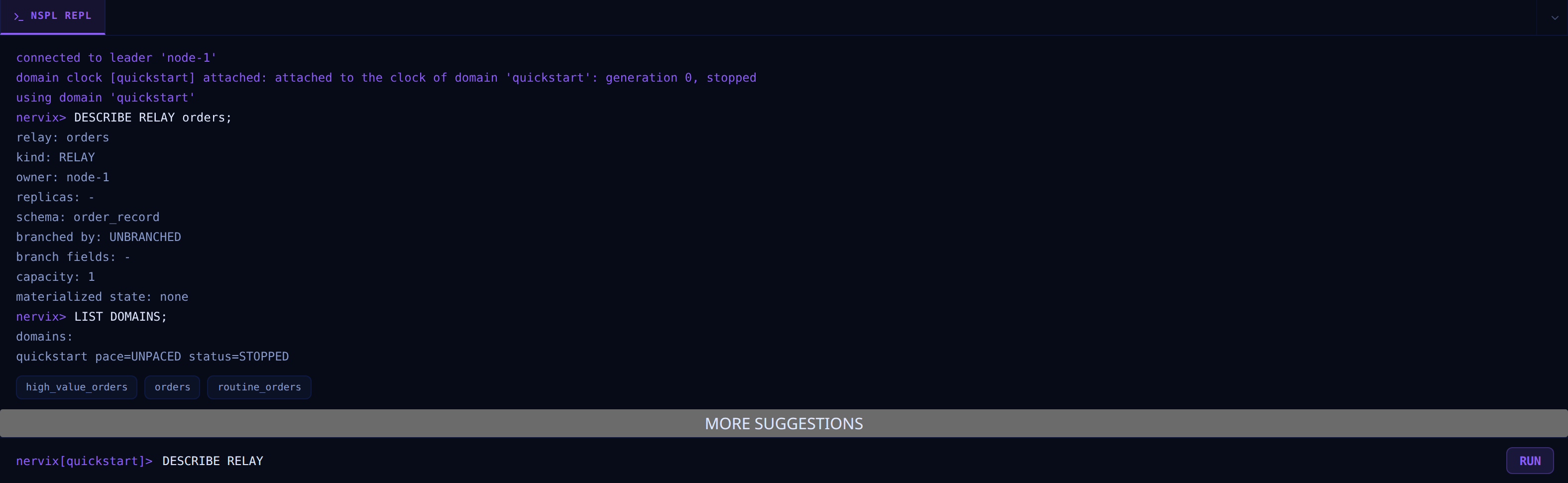 The REPL with server-driven completions offered for a partial statement
