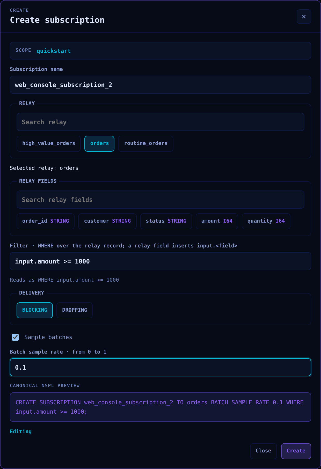 The subscription form with a typed field reference, a filter, and a sample rate
