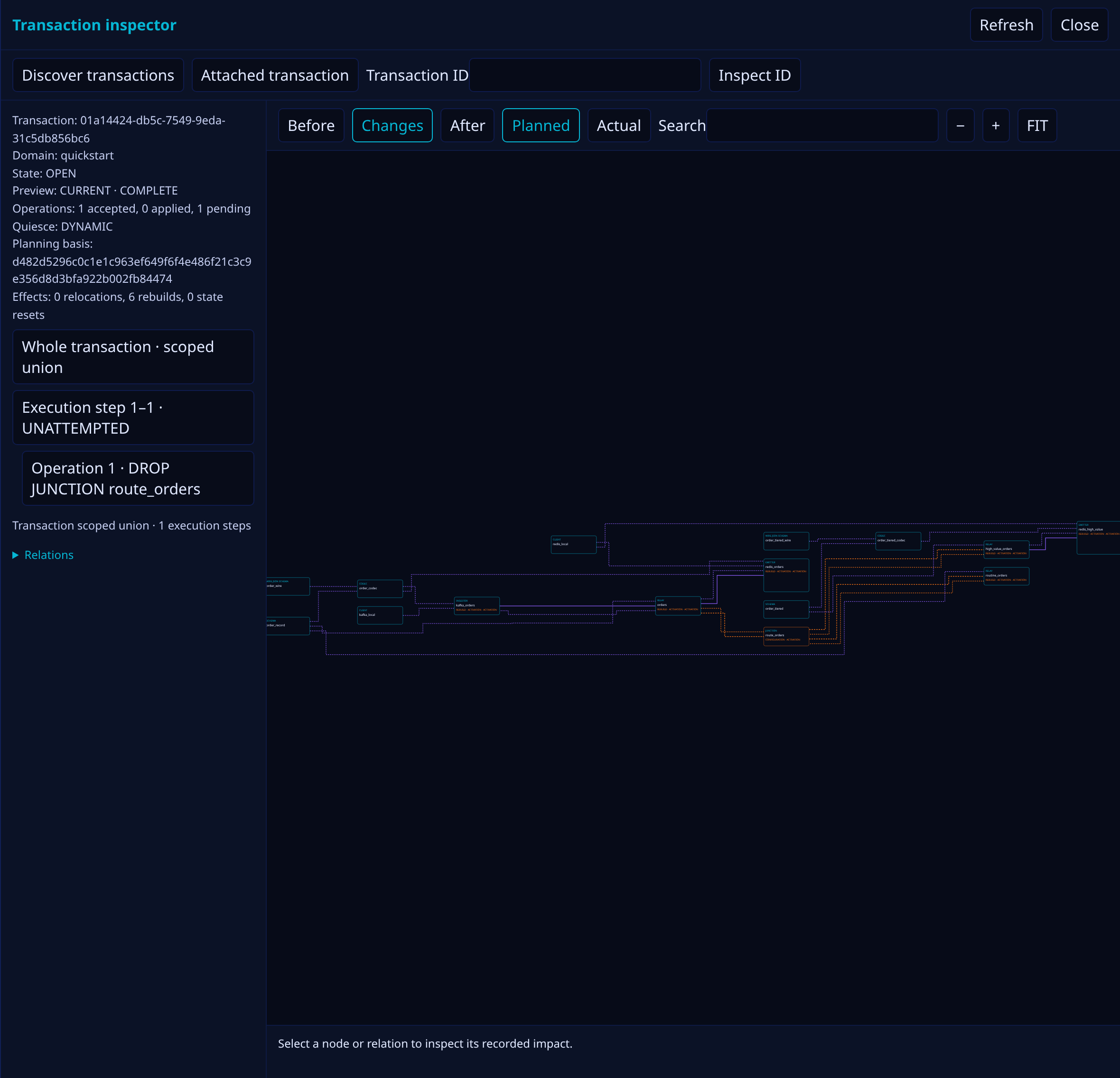 The transaction inspector showing ordered operations and the affected graph
